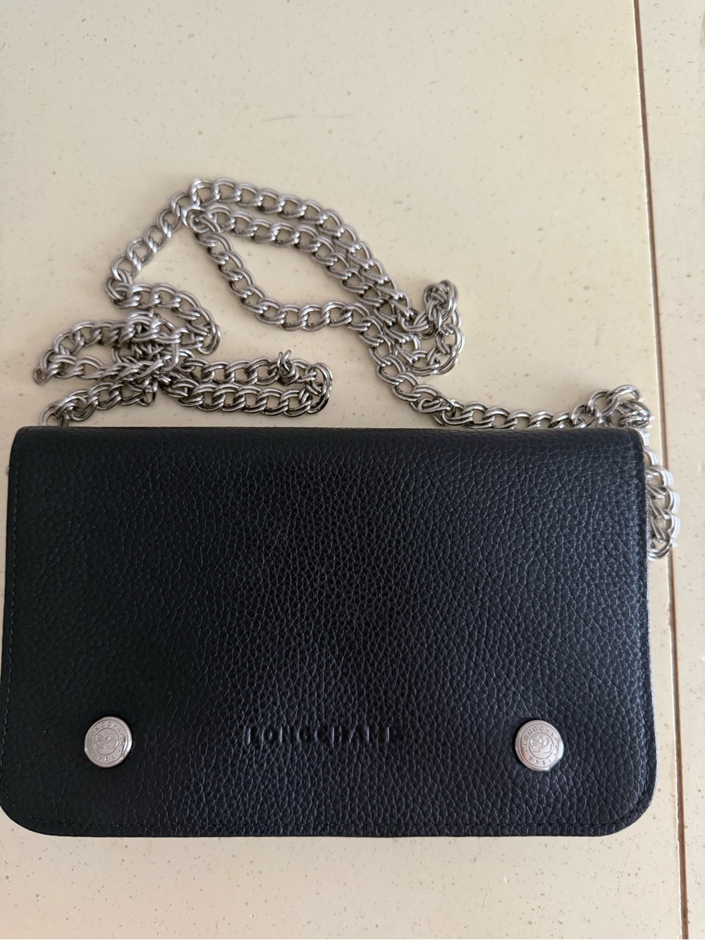 Longchamp Le Pliage Black Pebbled Leather Crossbody with Chain